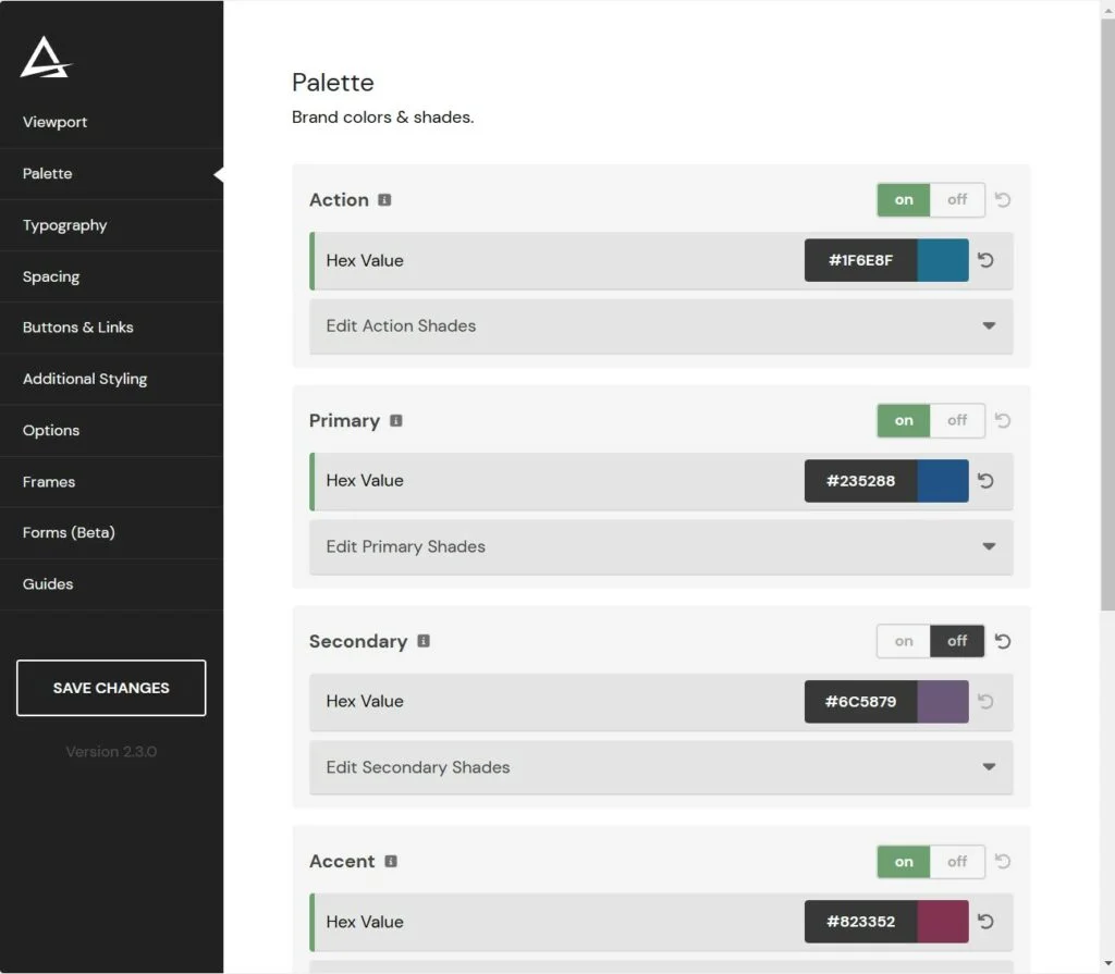 A user interface containing numerous tabs and input fields for the Automatic.css WordPress plugin version 2.3.0